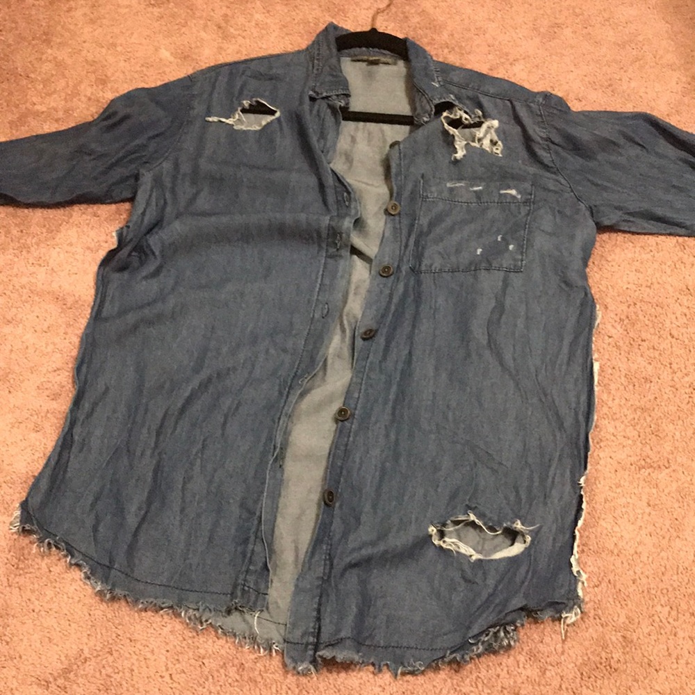 Ripped denim button down